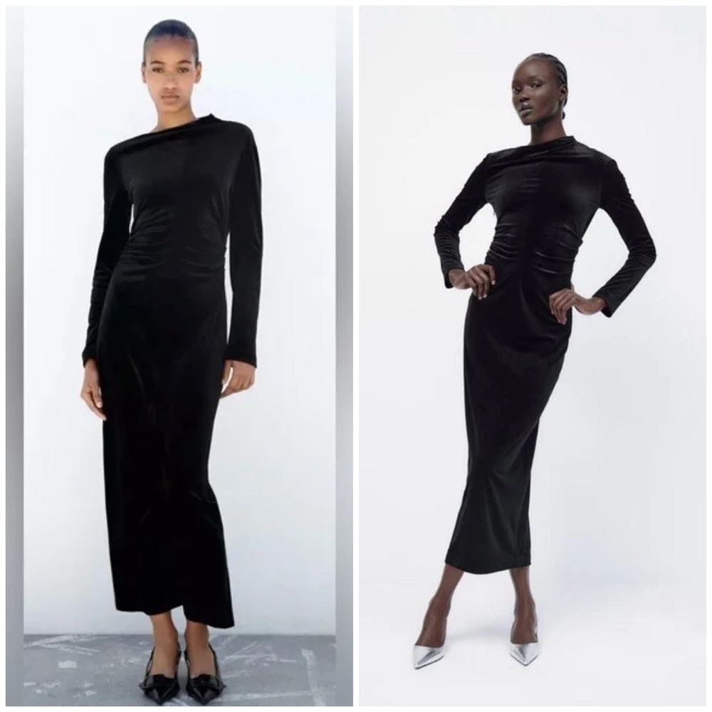 Zara Velvet Ruched Long Sleeve Maxi Dress in Black Size XS EUC
